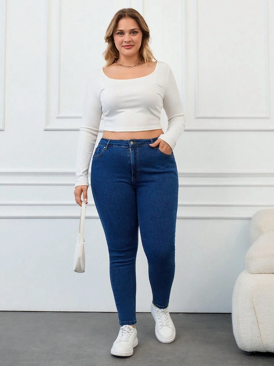 RueChic Plus Size Plain Skinny Jeans - Medium Wash - View 1