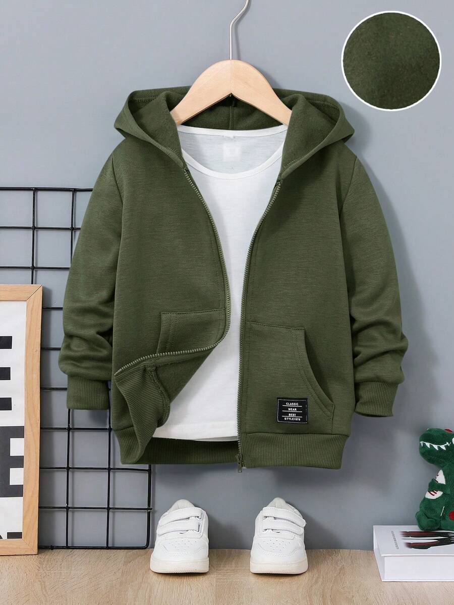 SHEIN Young Boys' Casual Comfortable Hooded Zip-Up Sweatshirt,In Fall/Winter
