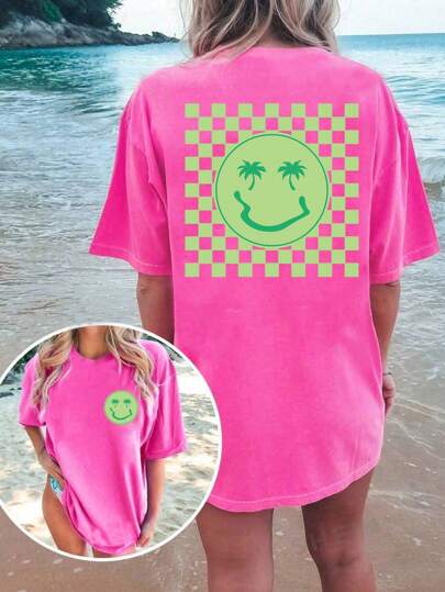 INAWLY Women Fashionable Smiling Face Printed Casual Holiday T-Shirt Graphic Tees Women Tops