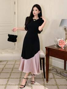 DAZY Color Block Round Neck Women's Short Sleeve Summer Dress,Ruffle - Black - View 8