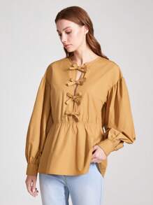 Oxana 设计师品牌女士商务休闲春夏纯色灯笼袖衬衫，带蝴蝶结装饰，适合假日、度假、海滩、节日、伊比沙岛风情、办公室 - 卡其色 - 查看 6