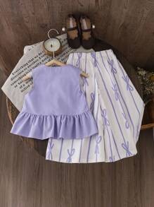 Young Girl Solid Color Round Neck Sleeveless Top With Ruffled Hem And All-Over Print Long Pants Summer Two-Piece Set