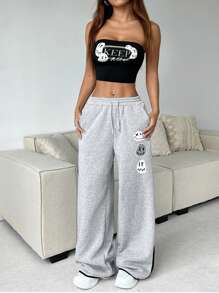 Muchica Conjunto informal de monos sin tirantes con estampado deportivo - Gris - Ver 5