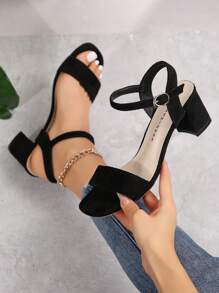 女士舒適高跟涼鞋，白色新娘鞋，夏季鞋履，女式開放式踝帶粗跟高跟鞋 - 黑色 - 查看 3