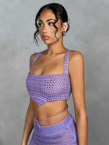 SHEIN BAE Lễ hội âm nhạc nữ Bãi biển mùa hè Áo dệt kim gợi cảm mở - Màu tím - Xem 5