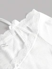 SHEIN Girlism Teen Girl Knitted Hollow Out Lace Trim Crop Top With 2 In 1 Design And Halter Neck - White - View 3