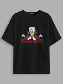 THE POWERPUFF GIRLS X SHEIN Men's Casual Cartoon And Letter Print Drop Shoulder Oversized Short Sleeve T-Shirt, Summer