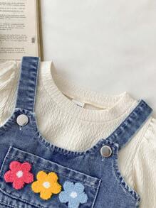 SHEIN 3-teiliges Modisches Tops-Set für Baby Mädchen, bestehend aus Denim-Träger-Top, Handtuch-besticktem Blumentop und niedlichem Denim Rock - Verschiedenfarbig - Übersicht 3