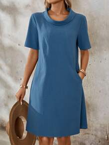 EMERY ROSE Ladies' Solid Color Round Neck Dress With Tie And Pockets, Short Sleeve, Summer Linen Dress Teacher Clothes - Blue - View 4