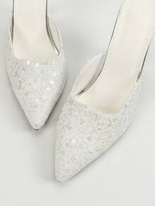 Zapatos de tacón alto de punta abierta y brillantes con talón descubierto, para verano - Blanco - Ver 7