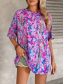 SHEIN LUNE Fashionable Camouflage Print Oversized Round Neck Drop Shoulder Women's Basic T-Shirt - Multicolor - View 6