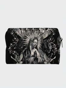 ROMWE Goth Bolsa de maquillaje negra con estampado de la Virgen María, estilo gótico, para Halloween - Multicolor - Ver 1