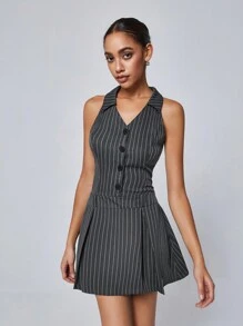 Aveloria GENKIRA French Chic Dress With Bellflowers Print, Vest Shape Top, V Neckline, Lapel, Pleats, Striped Pattern, Waist Belt, For Girls - Dark Grey - View 4