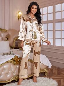 Leopard Print Contrast Piping Satin PJ Set / Pajama Set - Champagne - View 3