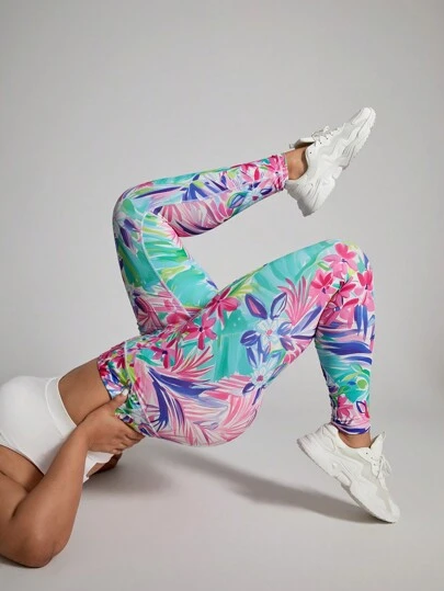 Easithlete Mallas deportivas con estampado floral de talla grande, mallas elásticas y ajustadas de moda para yoga y pantalones de mujer