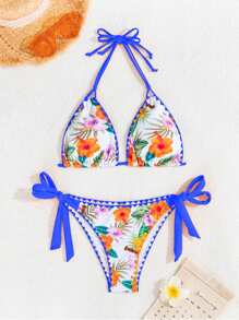 Swim Vcay Women's Tropical Plant Print Halter Neck Tie Sexy Bikini Set For Summer Beach, Random Print