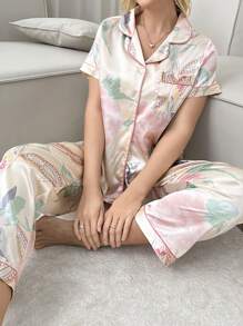 花卉印花仿丝短袖衬衫和长裤睡衣套装 - 彩色 - 查看 4