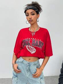 SHEIN Coolane Women's Summer Back To School Basketball Game Letter Printed Oversized Drop Shoulder Sleeve T-Shirt - Red - View 4