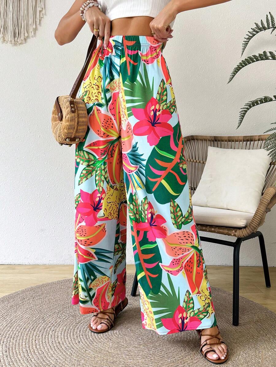 SHEIN VCAY Calças Casuais de Perna Larga em Estilo de Férias com Estampa de Planta Tropical para Mulheres - Multicolorido - Visão 1
