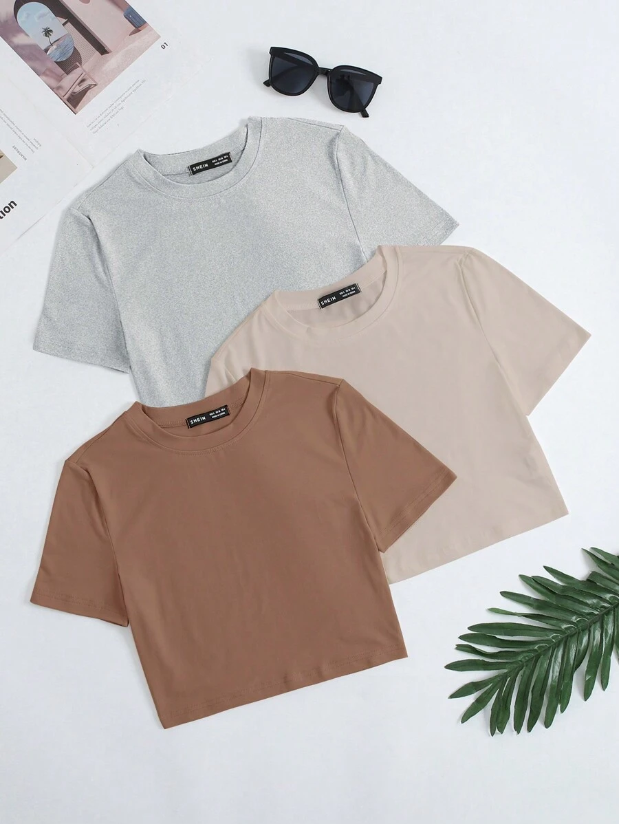 Chiquease 3pcs Solid Round Neck Tee - Multicolor - View 1