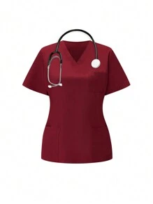 SHEIN TaskFit 勃艮第红色纯色 V 领短袖上衣和卷边长裤制服套装、手术服套装 - 酒紅色 - 查看 5
