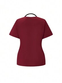 SHEIN TaskFit 勃艮第红色纯色 V 领短袖上衣和卷边长裤制服套装、手术服套装 - 酒紅色 - 查看 6
