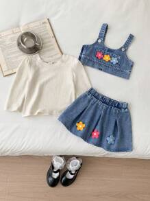 SHEIN 3-teiliges Modisches Tops-Set für Baby Mädchen, bestehend aus Denim-Träger-Top, Handtuch-besticktem Blumentop und niedlichem Denim Rock - Verschiedenfarbig - Übersicht 7