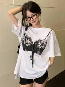 DAZY Camiseta de tirantes holgada de verano para mujer con cuello redondo impreso y mangas caídas, camiseta grande con estampado gráfico
