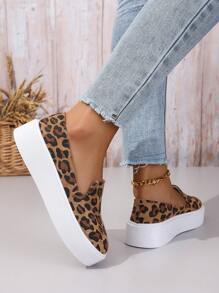Ladies' Slip-On Loafers, Casual, Orange Sports Shoes, Women's Sports Shoes, Fashionable, Breathable, Large Size, Fabric Design With Breathable Comfortable High Platform, Versatile With Multi-Colored Leopard Print Sports Shoes, Random Color - Multicolor - View 5