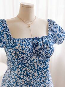 Soleia 藍白色大碼泡泡袖度假洋裝，U領設計 - 藍白色 - 查看 4