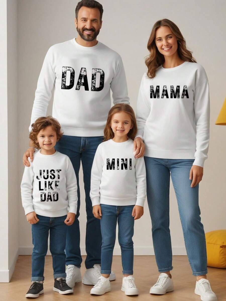 Young Girls' Simple Printed Round Neck Long Sleeve Sweatshirt, Family Matching Outfits - White - View 1