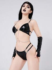 ROMWE Grunge Punk Cool And PU Spike & Chain Lingerie Set - Black - View 2