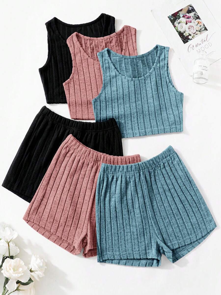 少女實色圓領空心背心和短褲便裝2件套，夏季 - 彩色 - 查看 1