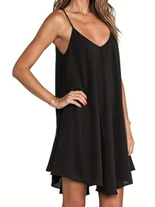 大码女式夏季纯色交叉叠加弹力吊带连衣裙