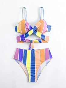 SHEIN Swim 女性條紋十字交叉綁帶性感比基尼套裝，夏季海灘必備，印花隨機 - 彩色 - 查看 5