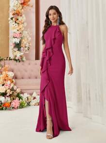 SHEIN Belle Váy dạ hội dành cho nữ (Phong cách nặng nề) có thiết kế bèo nhún phóng đại, viền đuôi cá và xẻ tà phía trước Váy dự tiệc cưới trang trọng thanh lịch, dự tiệc tốt nghiệp, tiệc tối - Màu Hồng Tươi - Xem 6