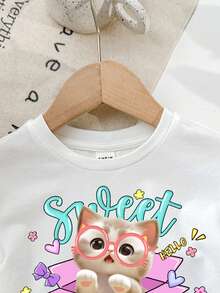 嬰兒女寶寶休閒可愛卡通貓紋白色短袖圓領T恤和淺紫色短褲套裝，2入組，適用於春夏季 - 彩色 - 查看 3