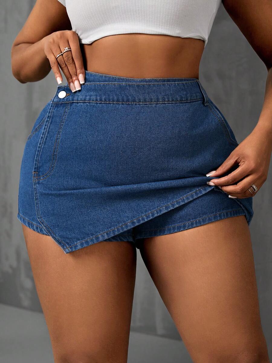 Slaydiva Plus Size Women's Denim Asymmetrical Skort, Comfortable And Casual - Blue - View 1