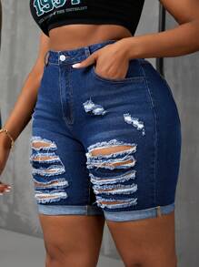 SHEIN SXY Shorts de motores elasticados ajustados y desgastados en tallas grandes