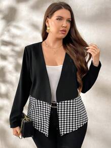 SHEIN Clasi Plus Size Business Jacket With Black And White Houndstooth Patchwork Design