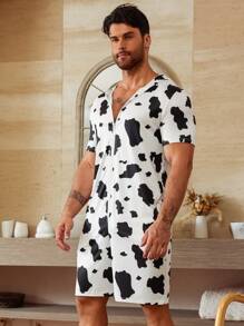 Men's Cow Print Hooded Short Sleeve Loungewear Romper - Black and White - View 6