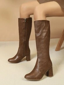 Women's Ankle Boots, Round Toe Chunky High Heel Boots For Spring, Autumn And Winter, Mid-Calf Casual Boots In European And American Style, Party - Brown - View 7