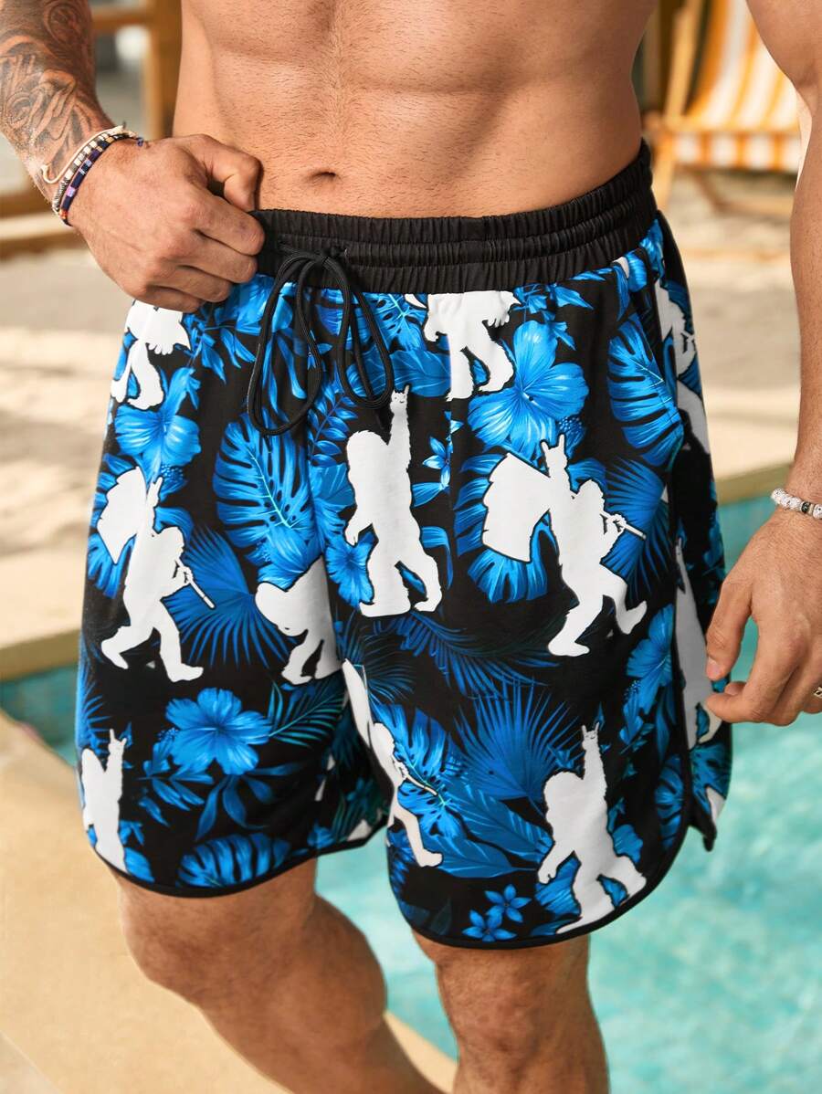 Manfinity Homme Pantaloni Corti Con Coulisse E Tasche A Stampa Integrale Da Uomo Di Taglia Plus Per L'Abbigliamento Casual Estivo - Blu - Visualizzare 1