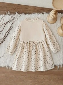 少女假日風格立領荷葉邊長袖a字裙和背心套裝,搭配花卉印花,適用於秋冬季 - 杏色 - 查看 2