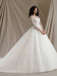 Ball Gown Wedding Dress Elegant Long Sleeve Bridal Dress,Bride - Beige - View 4