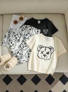 SHEIN 男嬰女嬰韓風小熊印花寬鬆短袖針織T恤套裝，三件套三種顏色，圓領設計