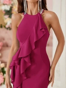 SHEIN Belle Váy dạ hội dành cho nữ (Phong cách nặng nề) có thiết kế bèo nhún phóng đại, viền đuôi cá và xẻ tà phía trước Váy dự tiệc cưới trang trọng thanh lịch, dự tiệc tốt nghiệp, tiệc tối - Màu Hồng Tươi - Xem 7