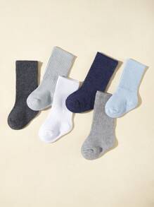 6pairs Baby Mid-Calf Socks Basic Colors For Boys, Indoor And Outdoor All Seasons