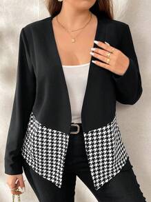 SHEIN Clasi Plus Size Business Jacket With Black And White Houndstooth Patchwork Design