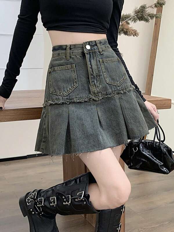 Women's Casual Washed Pleated Hem Denim Mini Skirt, Summer